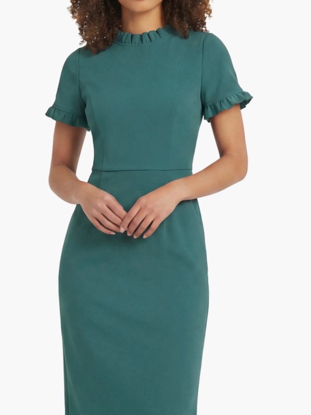 Maggie London Ruffle Short Sleeve Pocket Sheath Dress
